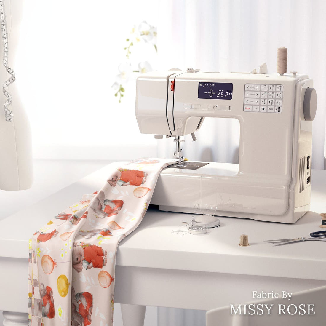 Design 290 Peach Elephant Fabric on a sewing machine – premium fabric for sewing projects | Fabric by Missy Rose
