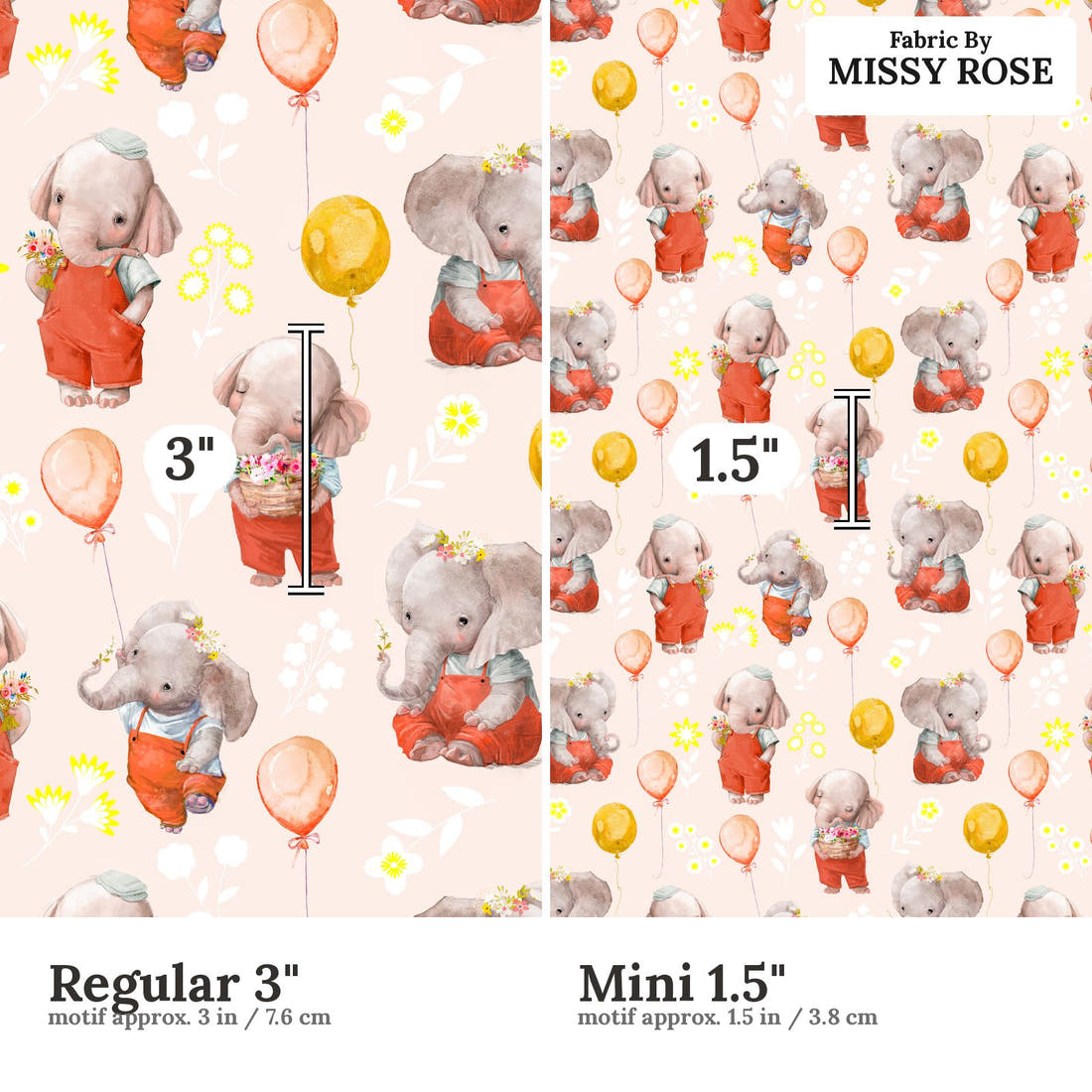 Design 290 Peach Elephant Fabric size comparison - print scale | Fabric by Missy Rose