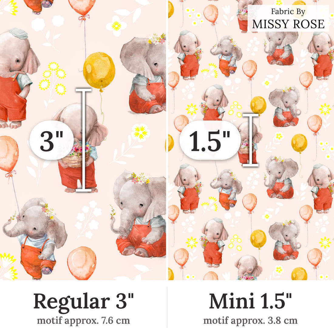 Design 290 Peach Elephant Fabric Regular 3 inch vs Mini 1.5 inch print scale side by side | Fabric by Missy Rose