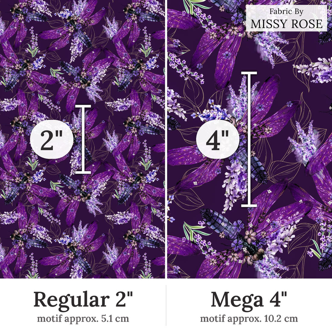 Design 291 Firefly Fabric Regular 2 inch vs Mega 4 inch print scale side by side | Fabric by Missy Rose