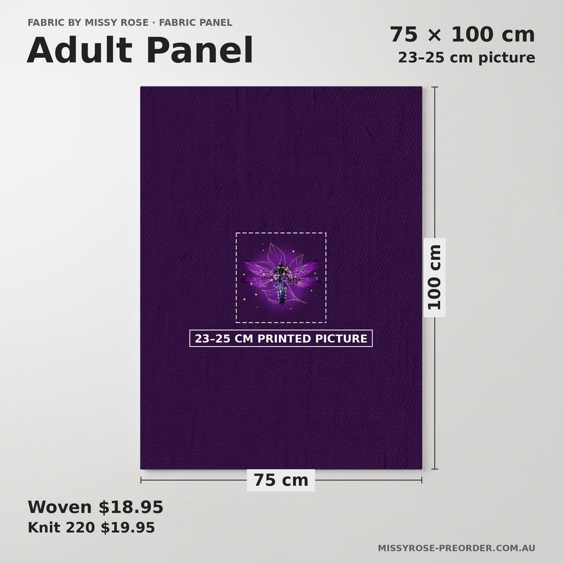 Design 291 Firefly Panel adult panel sizing – 23–25 cm printed picture on 75 × 100 cm fabric | Fabric by Missy Rose