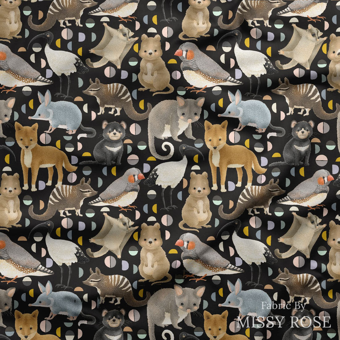 Design 292 Black Australian Animals Fabric draped fabric mockup – custom printed fabric by the metre | Fabric by Missy Rose