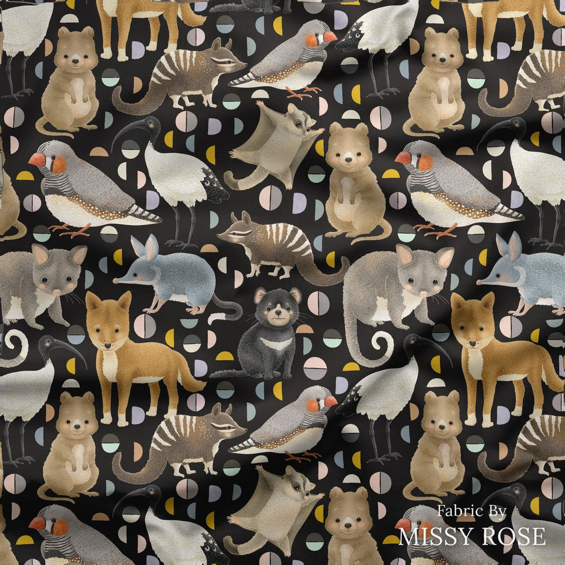 Design 292 Black Australian Animals Fabric draped fabric mockup – custom printed fabric by the metre | Fabric by Missy Rose