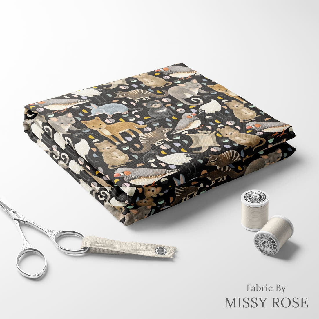 Design 292 Black Australian Animals Fabric folded fabric stack with matching thread – pre-order fabric Australia | Fabric by Missy Rose