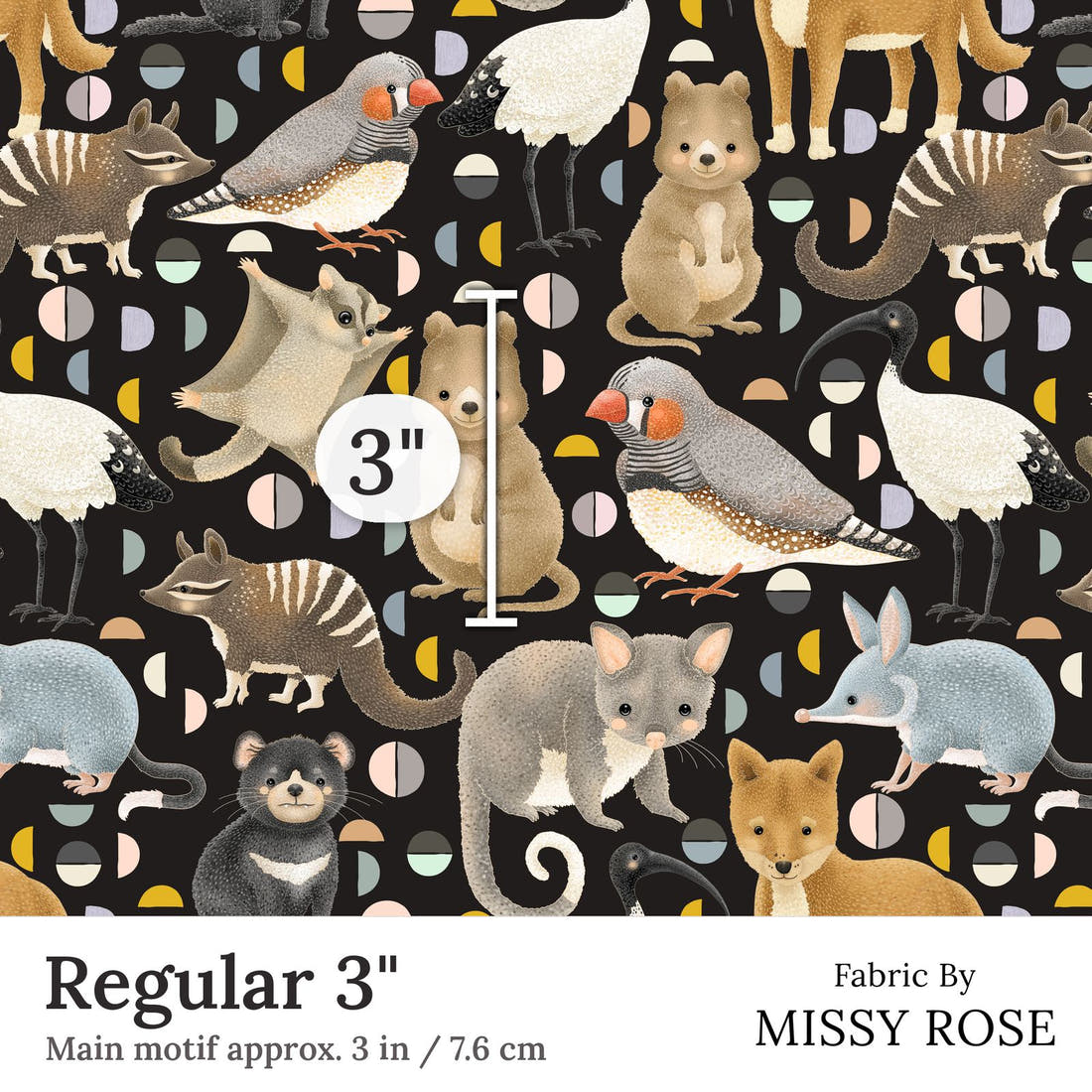 Design 292 Black Australian Animals Fabric Regular 3 inch print scale guide | Fabric by Missy Rose