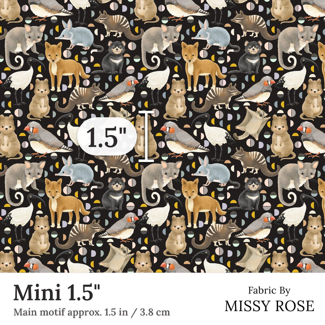 Design 292 Black Australian Animals Fabric Mini 1.5 inch print scale guide | Fabric by Missy Rose