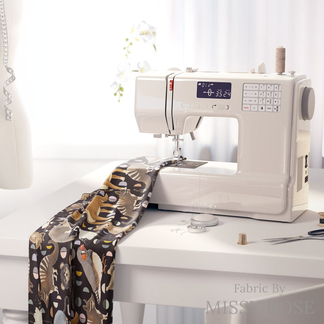 Design 292 Black Australian Animals Fabric on a sewing machine – premium fabric for sewing projects | Fabric by Missy Rose