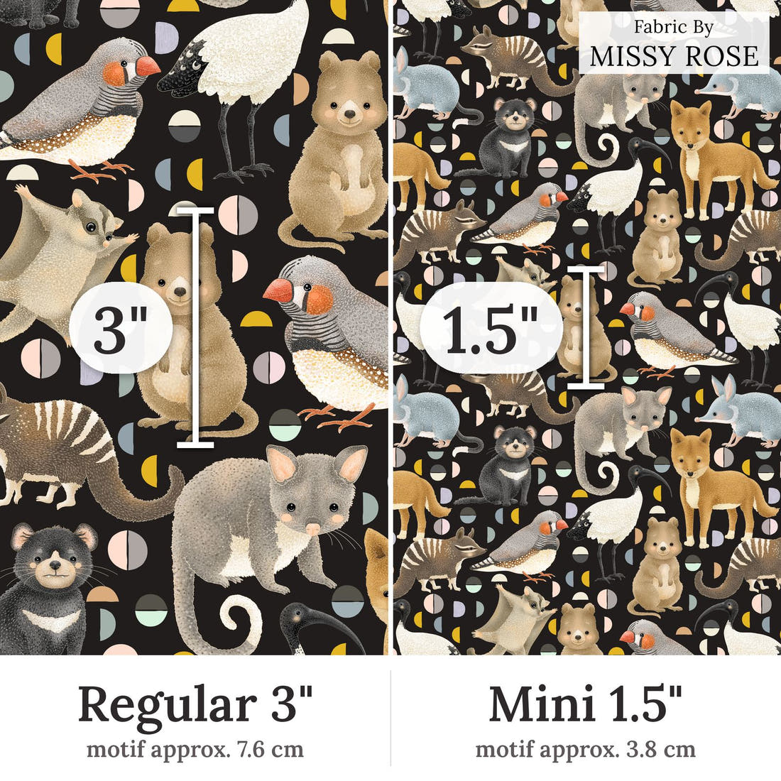 Design 292 Black Australian Animals Fabric Regular 3 inch vs Mini 1.5 inch print scale side by side | Fabric by Missy Rose