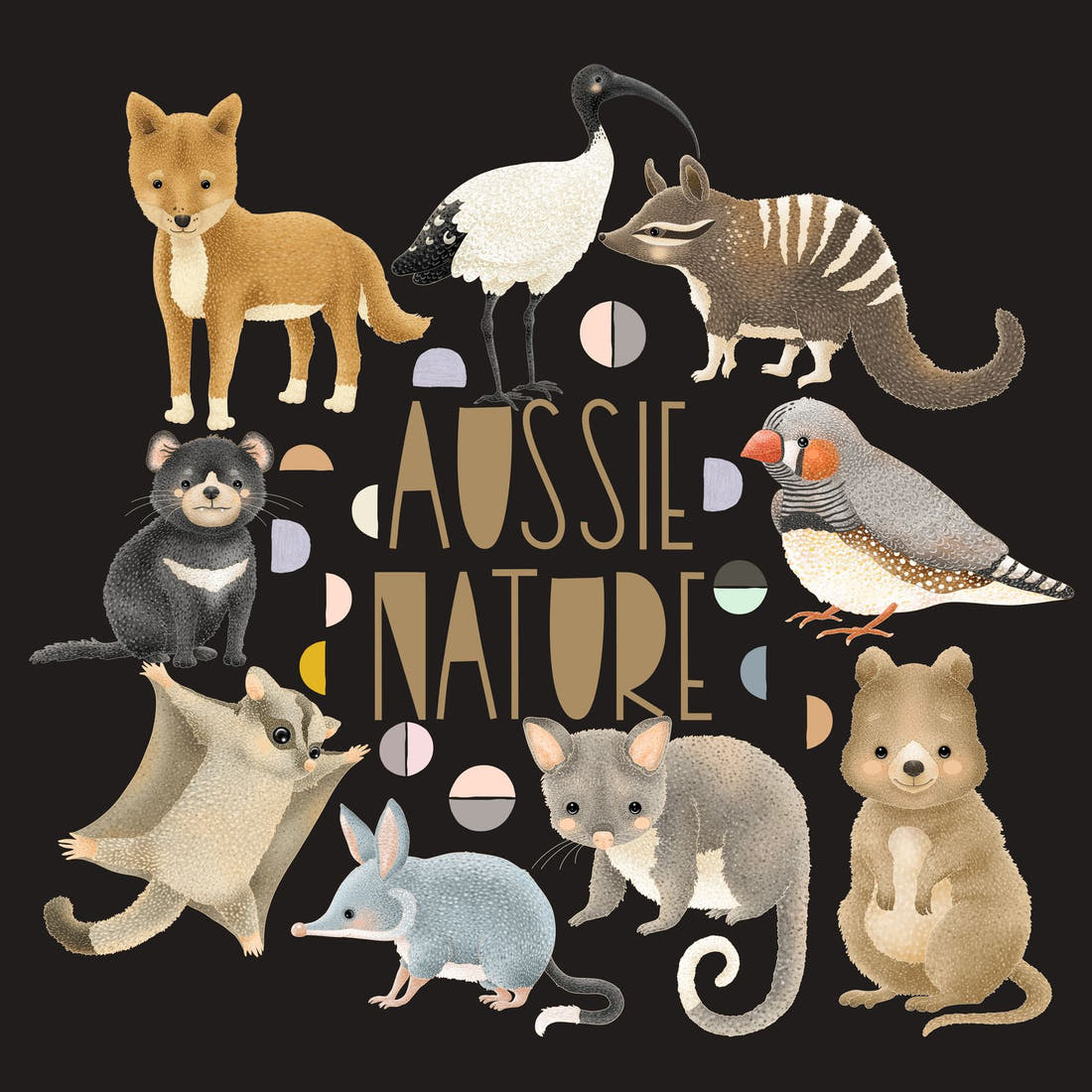 Design 292 Black Australian Animals Panel – full artwork close-up of the printed picture | Fabric by Missy Rose