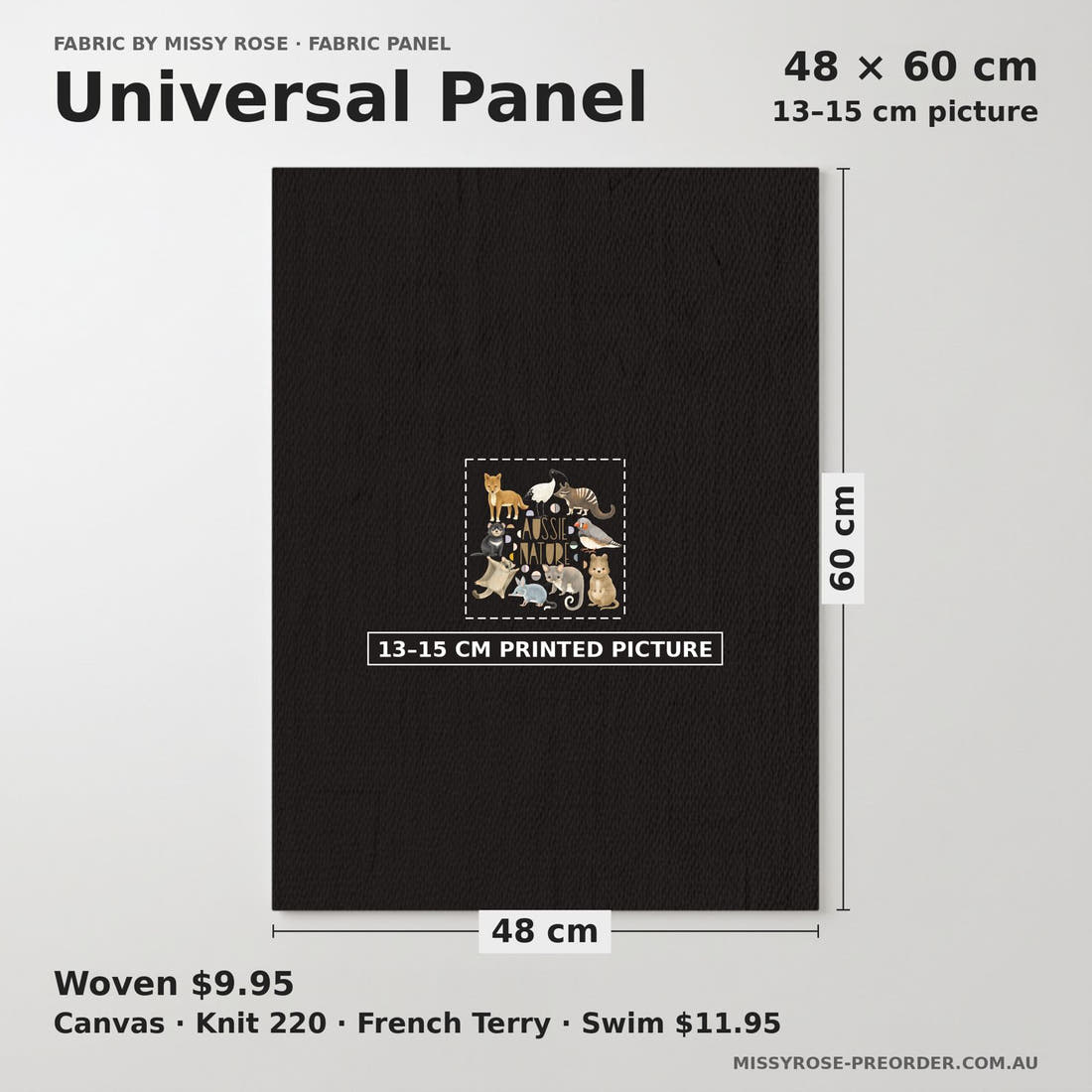 Design 292 Black Australian Animals Panel universal panel sizing – 13–15 cm printed picture on 48 × 60 cm fabric | Fabric by Missy Rose