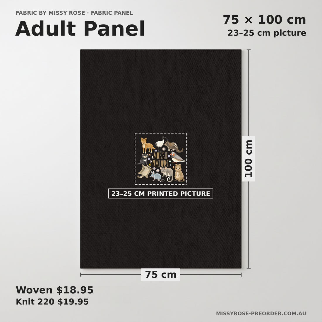 Design 292 Black Australian Animals Panel adult panel sizing – 23–25 cm printed picture on 75 × 100 cm fabric | Fabric by Missy Rose