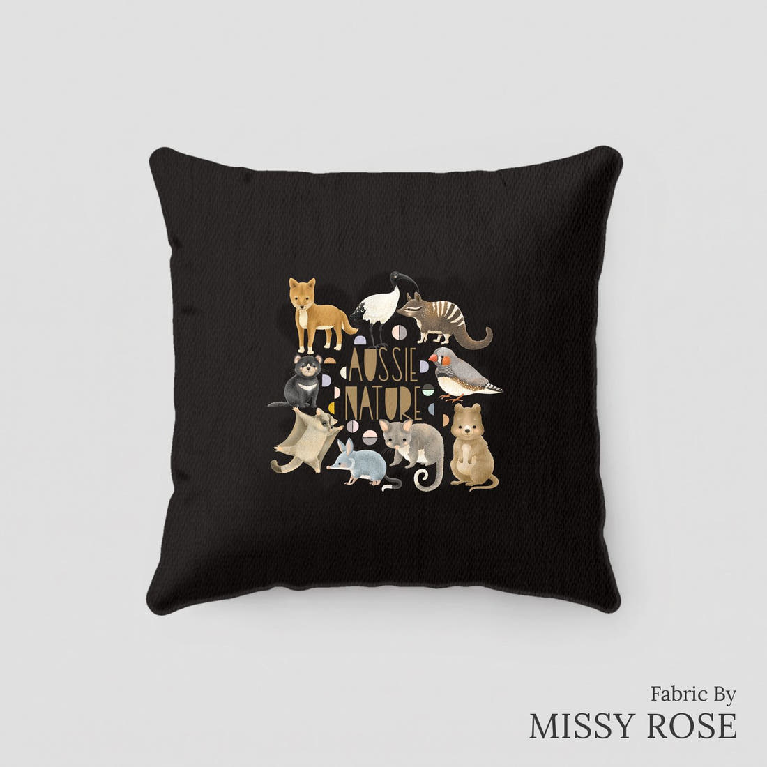 Design 292 Black Australian Animals Panel sewn into a cushion – see how the panel looks made up | Fabric by Missy Rose