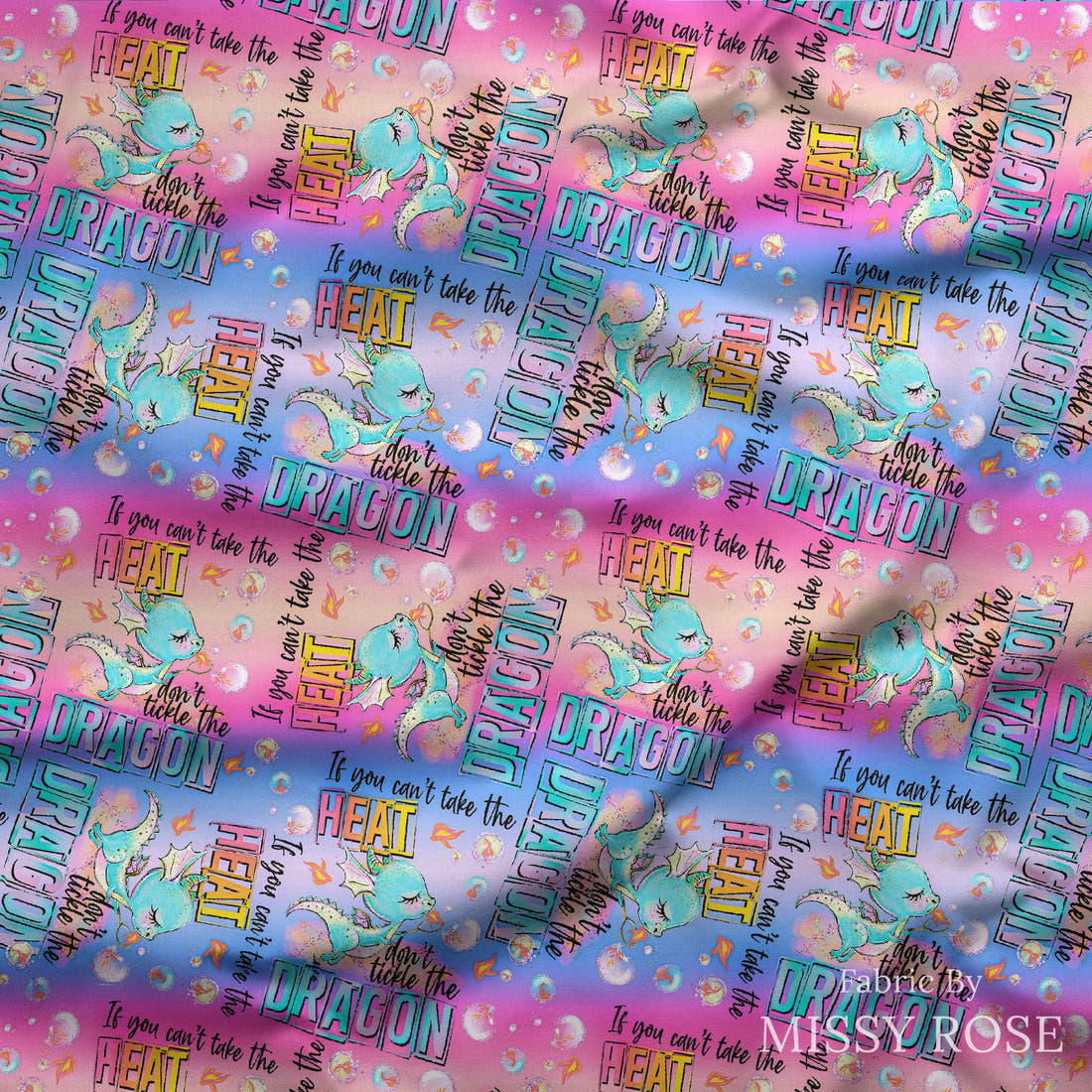 Design 293 Cheeky Dragon Fabric draped fabric mockup – custom printed fabric by the metre | Fabric by Missy Rose