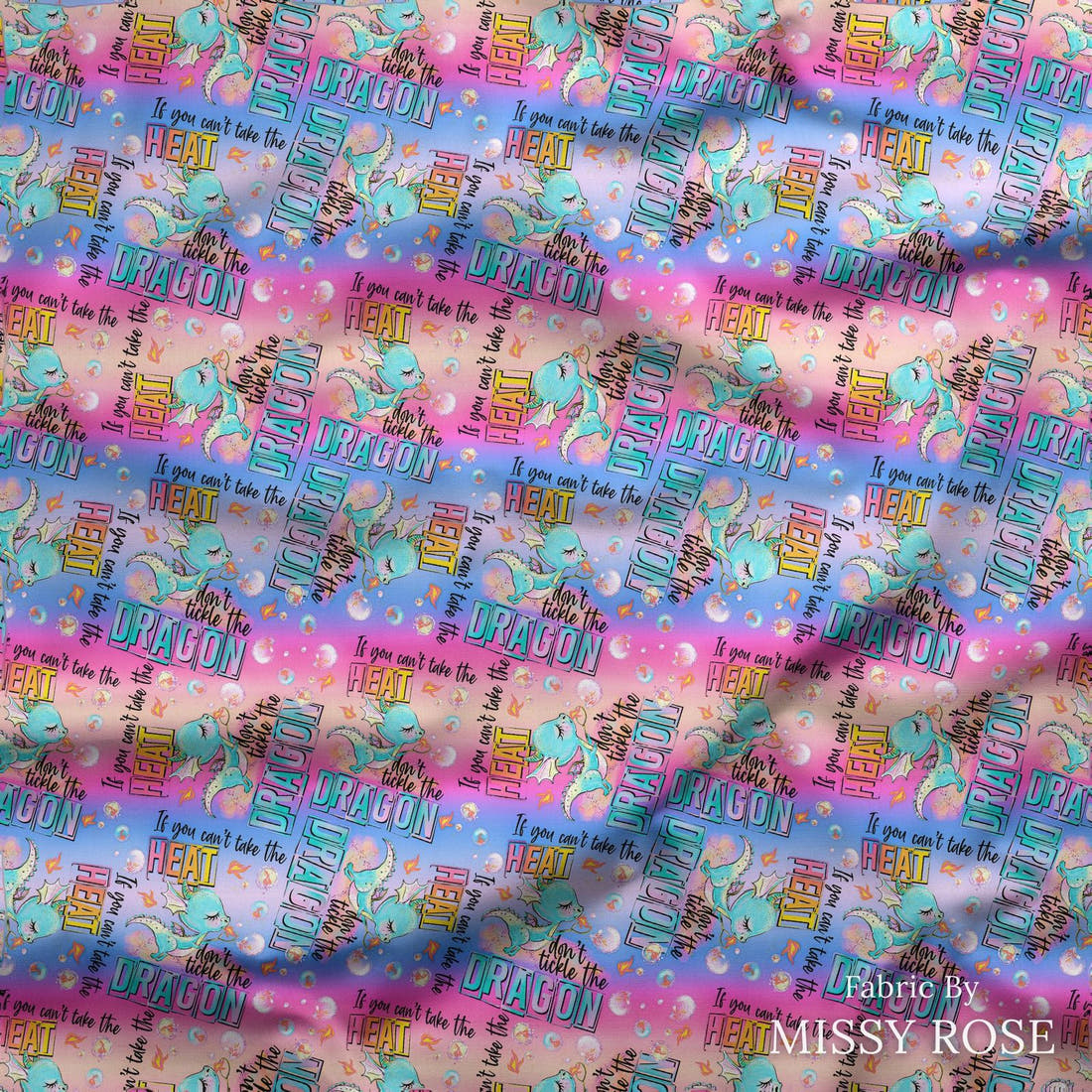 Design 293 Cheeky Dragon Fabric draped fabric mockup – custom printed fabric by the metre | Fabric by Missy Rose