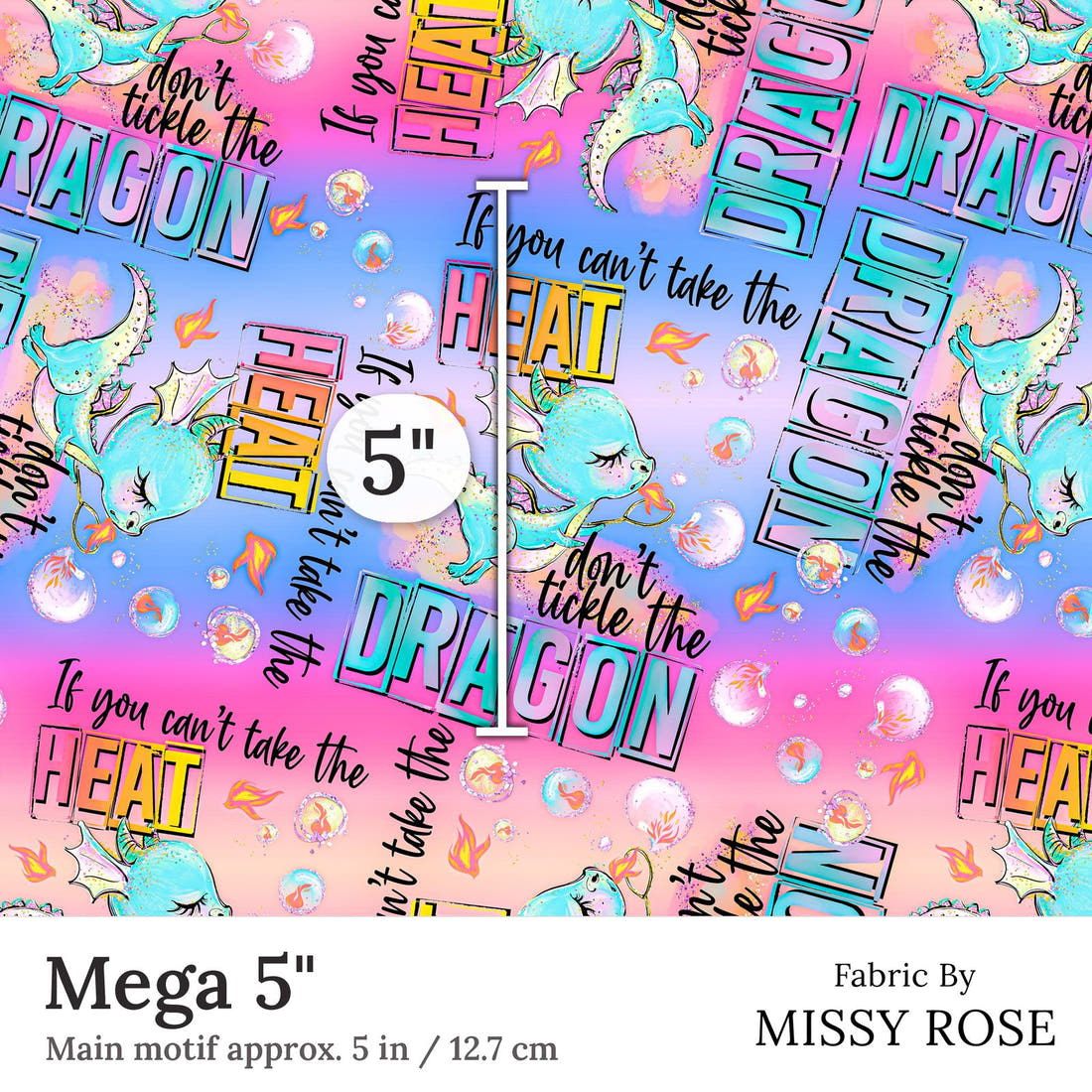 Design 293 Cheeky Dragon Fabric Mega 5 inch print scale guide | Fabric by Missy Rose