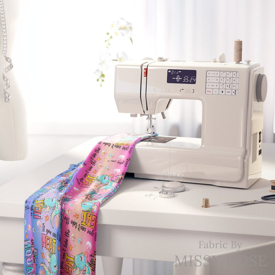 Design 293 Cheeky Dragon Fabric on a sewing machine – premium fabric for sewing projects | Fabric by Missy Rose