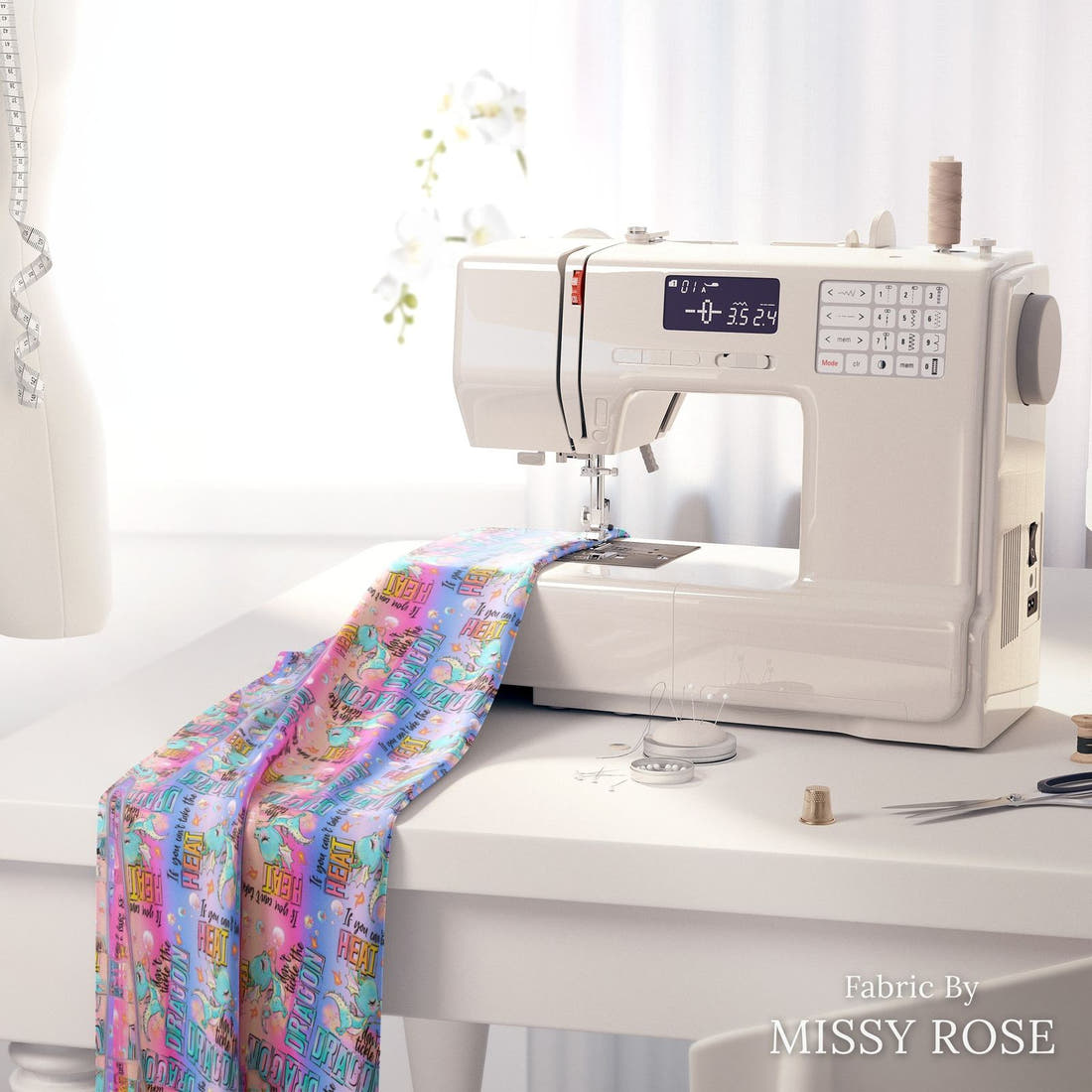 Design 293 Cheeky Dragon Fabric on a sewing machine – premium fabric for sewing projects | Fabric by Missy Rose
