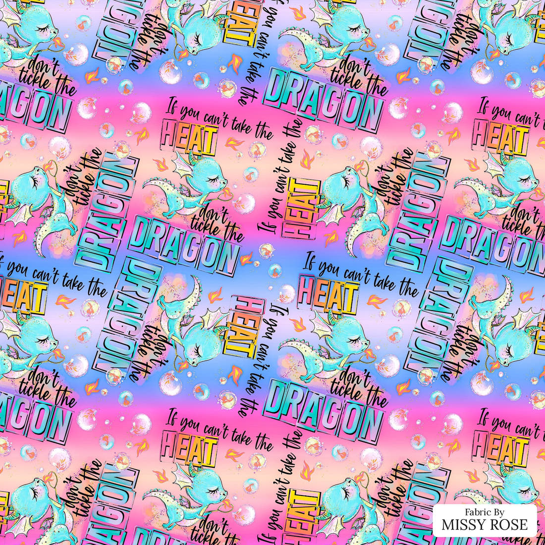 Design 293 Cheeky Dragon Fabric - flat view of the print, zoom in for detail | Fabric by Missy Rose