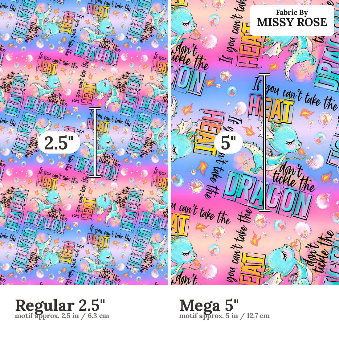 Design 293 Cheeky Dragon Fabric size comparison - print scale | Fabric by Missy Rose