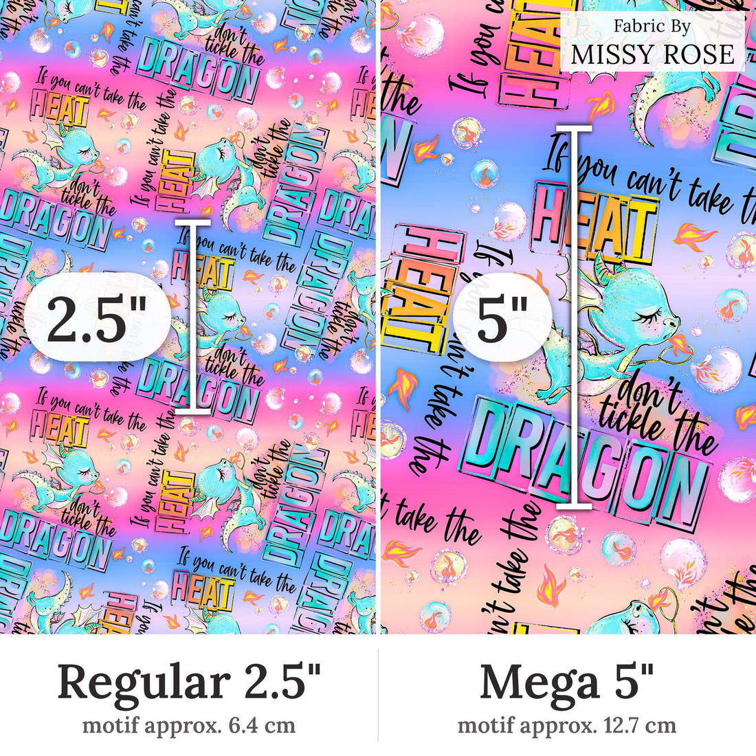 Design 293 Cheeky Dragon Fabric Regular 2.5 inch vs Mega 5 inch print scale side by side | Fabric by Missy Rose