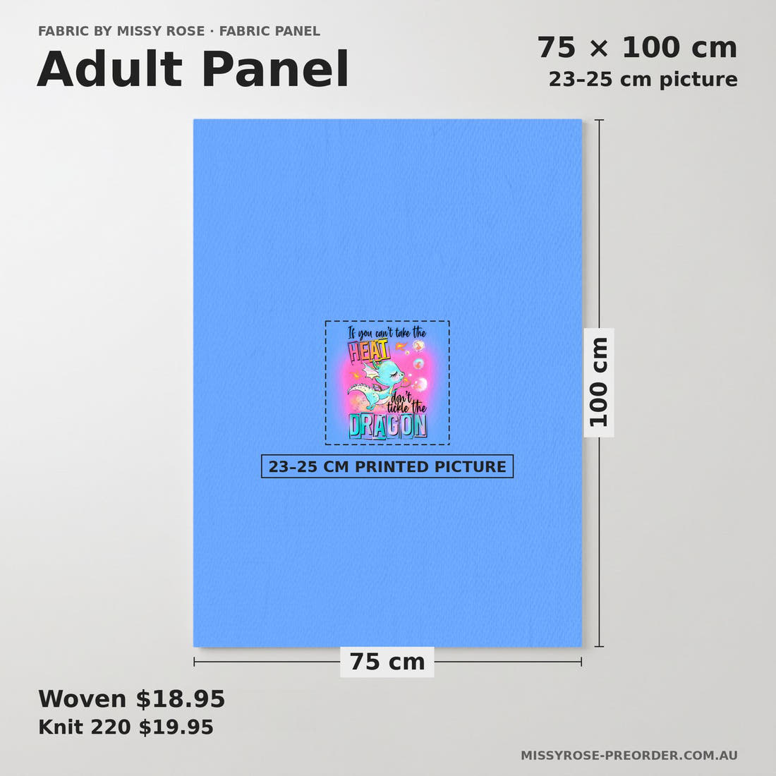 Design 293 Cheeky Dragon Panel adult panel sizing – 23–25 cm printed picture on 75 × 100 cm fabric | Fabric by Missy Rose