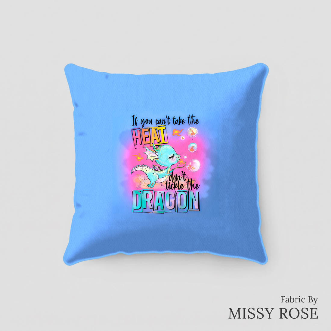 Design 293 Cheeky Dragon Panel sewn into a cushion – see how the panel looks made up | Fabric by Missy Rose
