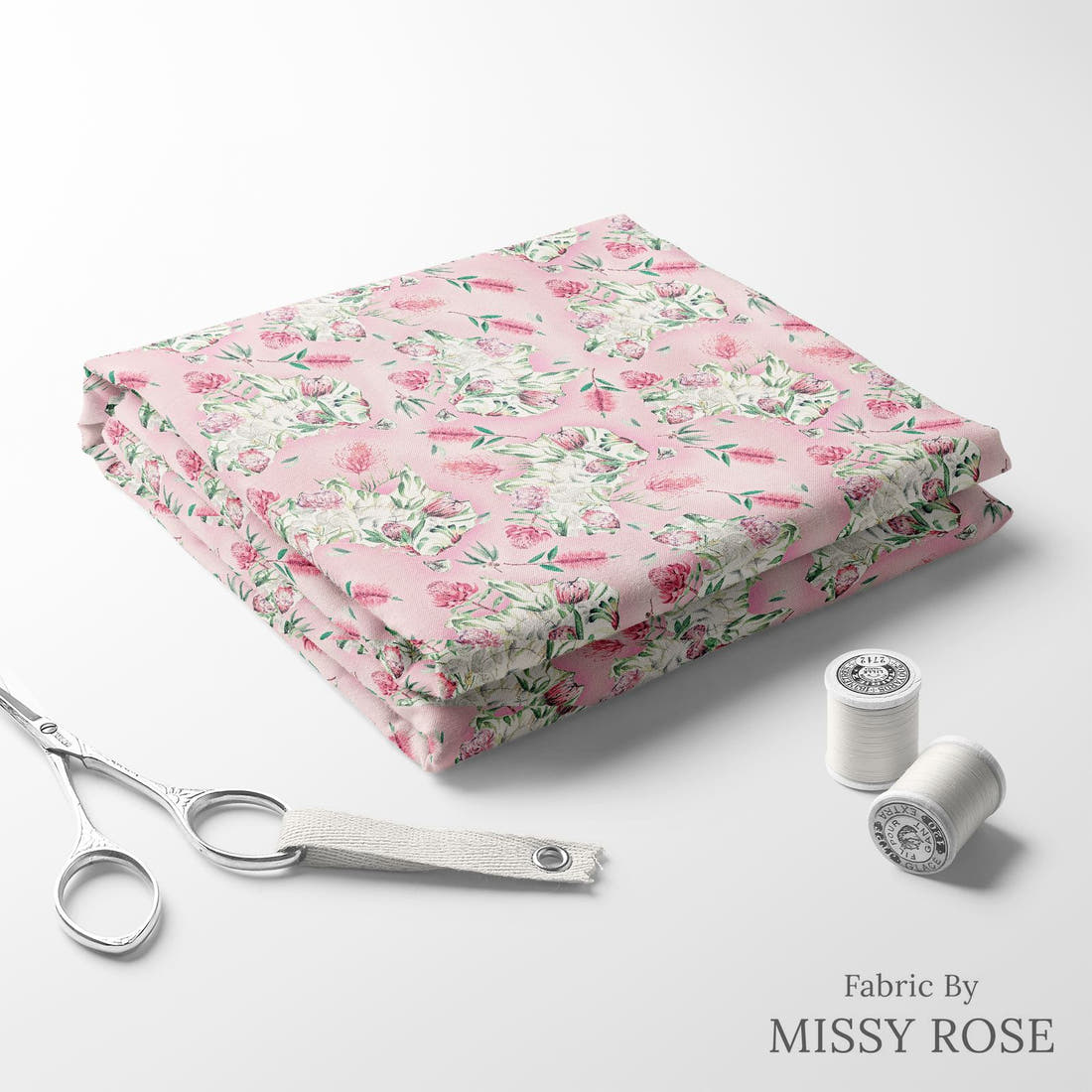 Design 294 Floral Australia Fabric folded fabric stack with matching thread – pre-order fabric Australia | Fabric by Missy Rose