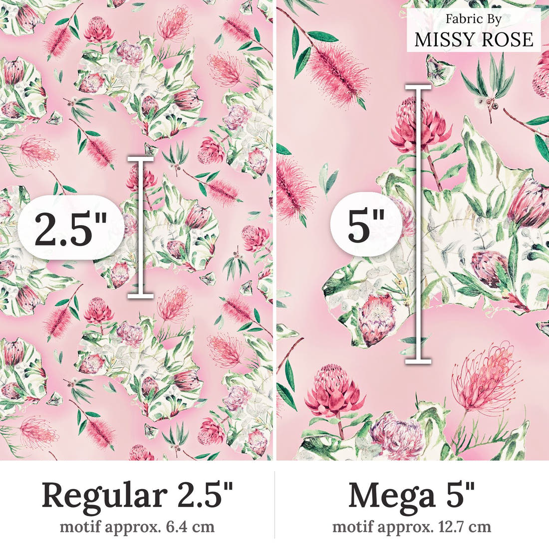 Design 294 Floral Australia Fabric Regular 2.5 inch vs Mega 5 inch print scale side by side | Fabric by Missy Rose