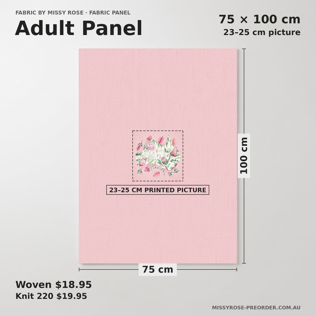 Design 294 Floral Australia Panel adult panel sizing – 23–25 cm printed picture on 75 × 100 cm fabric | Fabric by Missy Rose