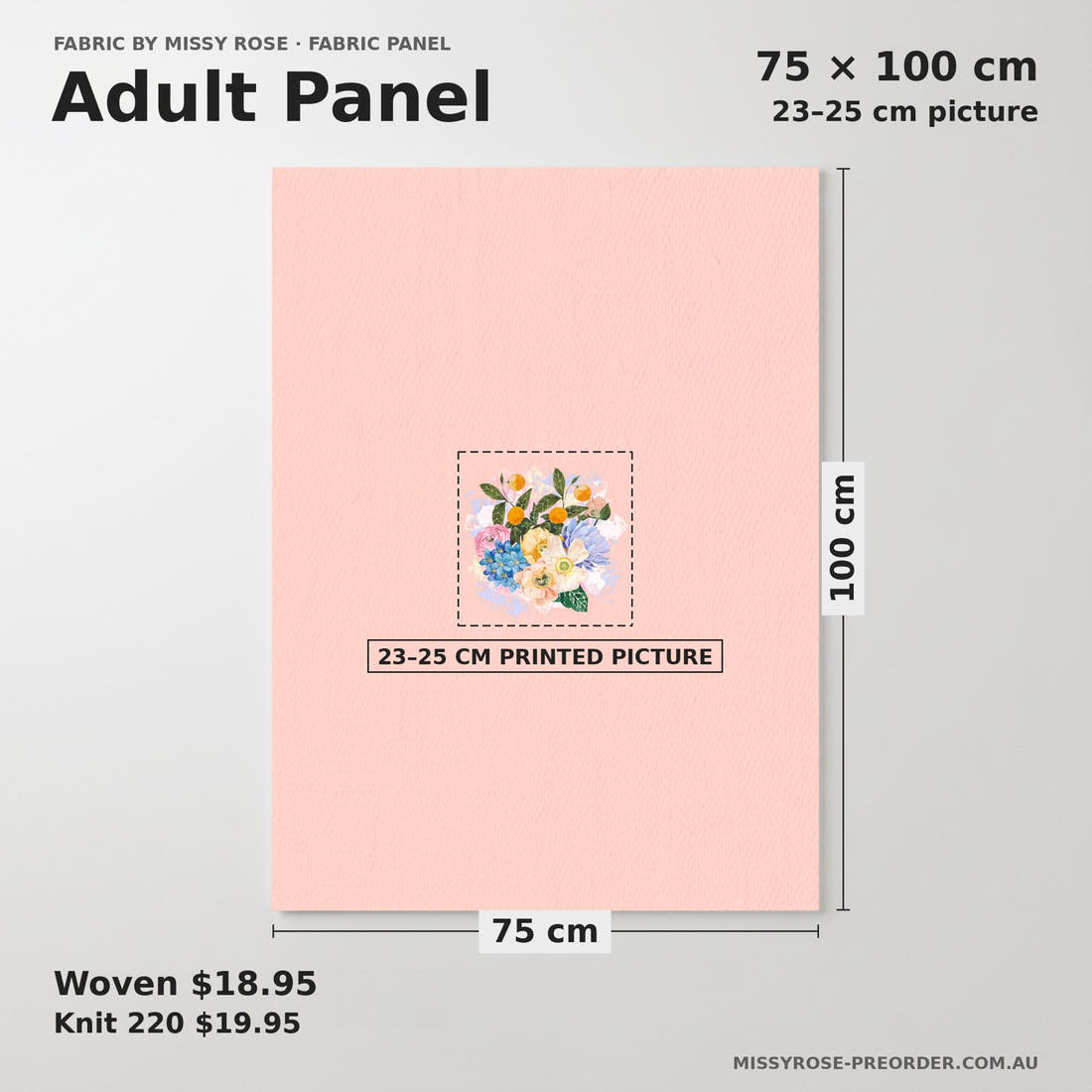 Design 295 Pretty Floral Panel adult panel sizing – 23–25 cm printed picture on 75 × 100 cm fabric | Fabric by Missy Rose