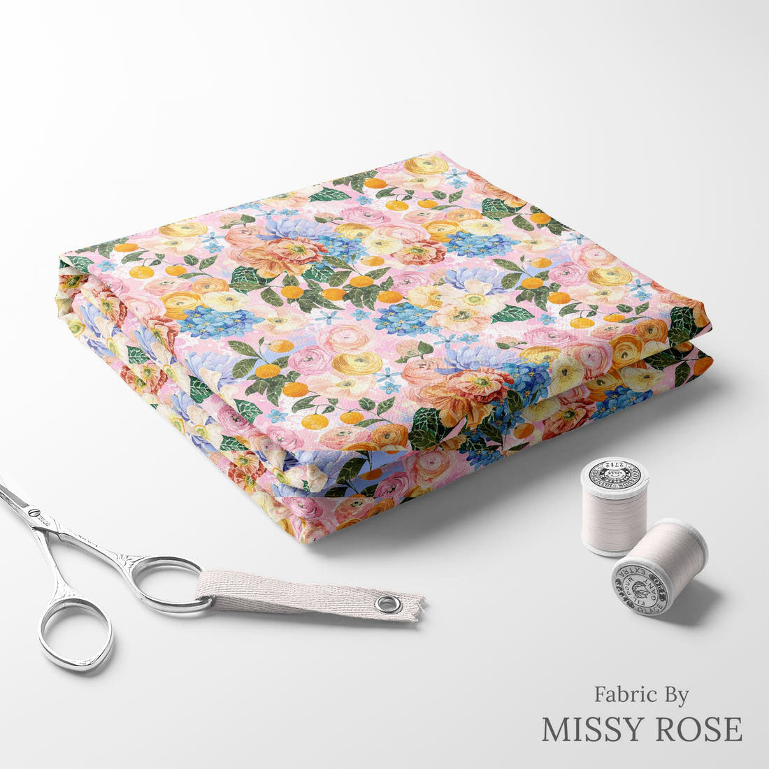 Design 295 Pretty Floral Fabric folded fabric stack with matching thread – pre-order fabric Australia | Fabric by Missy Rose