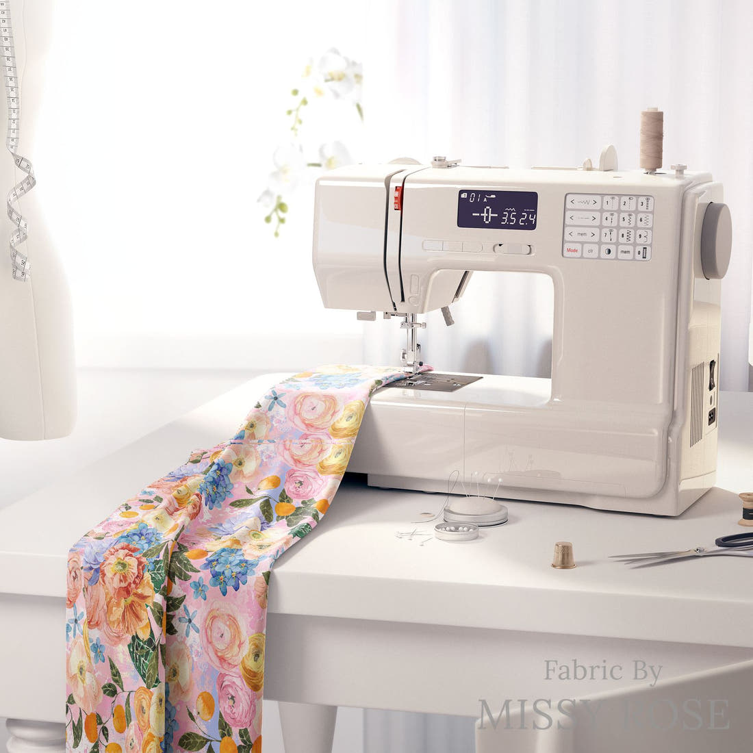 Design 295 Pretty Floral Fabric on a sewing machine – premium fabric for sewing projects | Fabric by Missy Rose