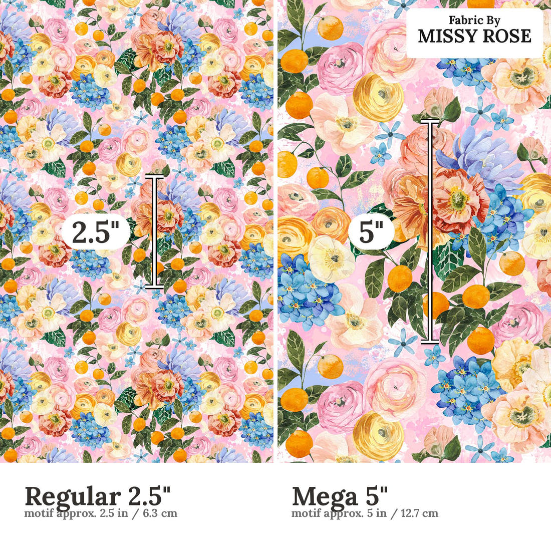 Design 295 Pretty Floral Fabric size comparison - print scale | Fabric by Missy Rose