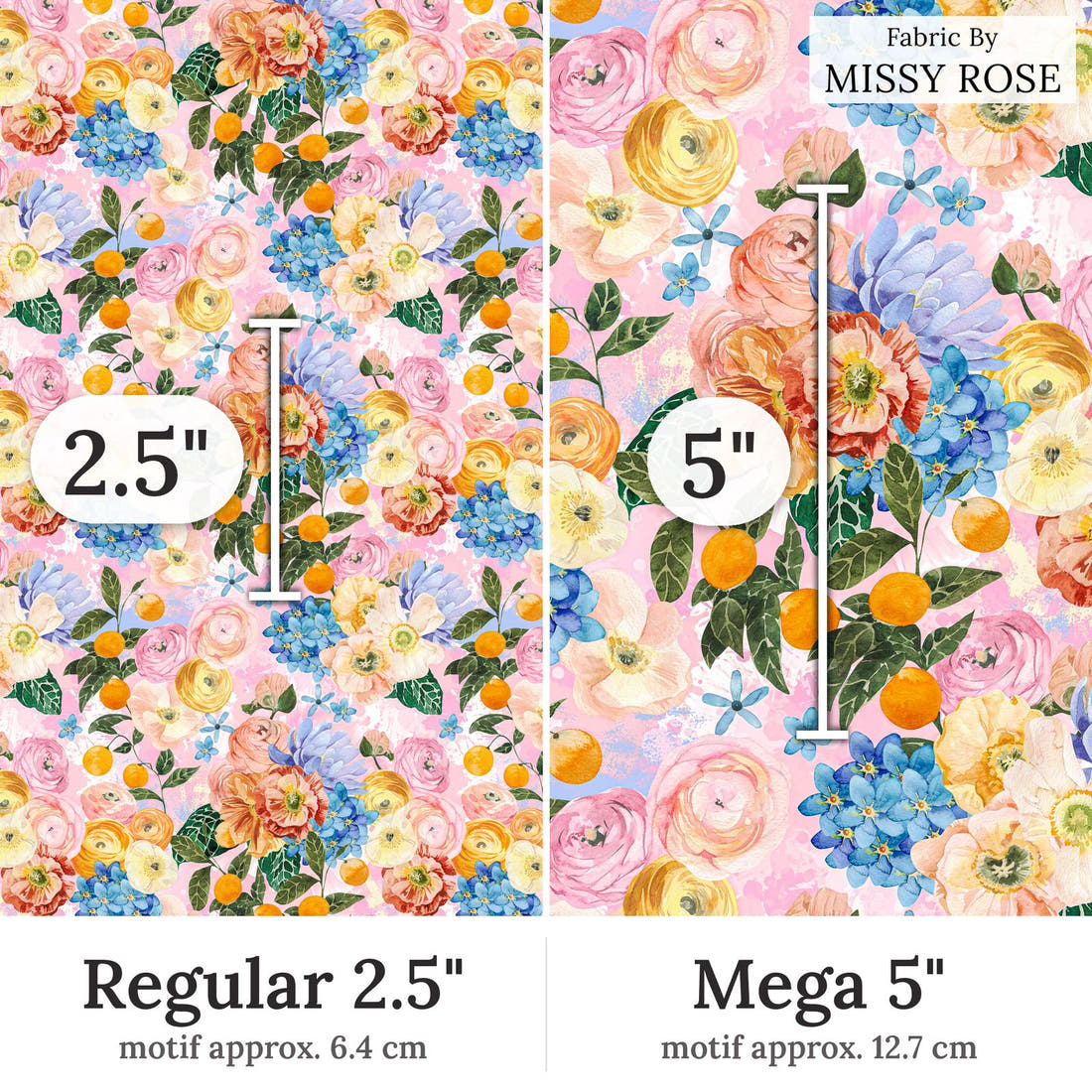 Design 295 Pretty Floral Fabric Regular 2.5 inch vs Mega 5 inch print scale side by side | Fabric by Missy Rose
