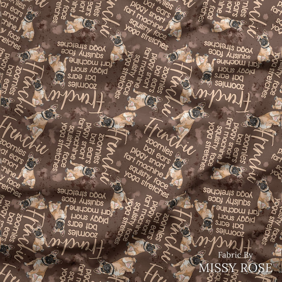 Design 296 Frenchie Fabric draped fabric mockup – custom printed fabric by the metre | Fabric by Missy Rose