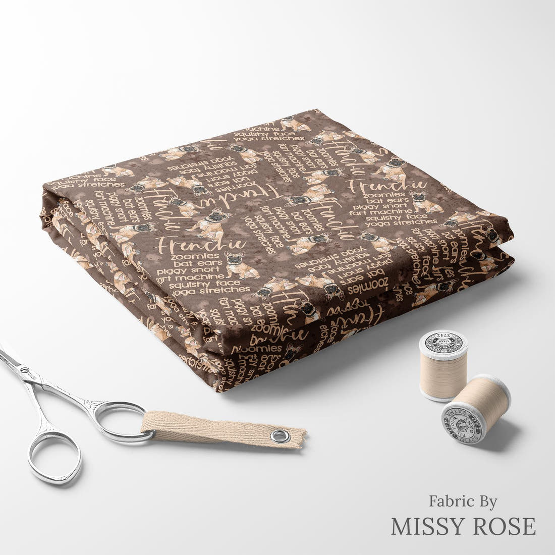 Design 296 Frenchie Fabric folded fabric stack with matching thread – pre-order fabric Australia | Fabric by Missy Rose