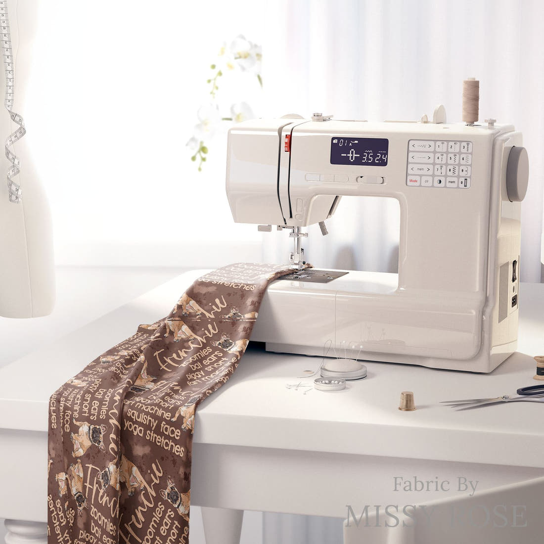 Design 296 Frenchie Fabric on a sewing machine – premium fabric for sewing projects | Fabric by Missy Rose