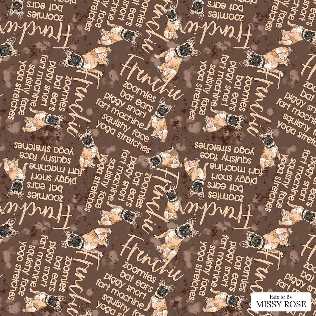 Design 296 Frenchie Fabric - flat view of the print, zoom in for detail | Fabric by Missy Rose