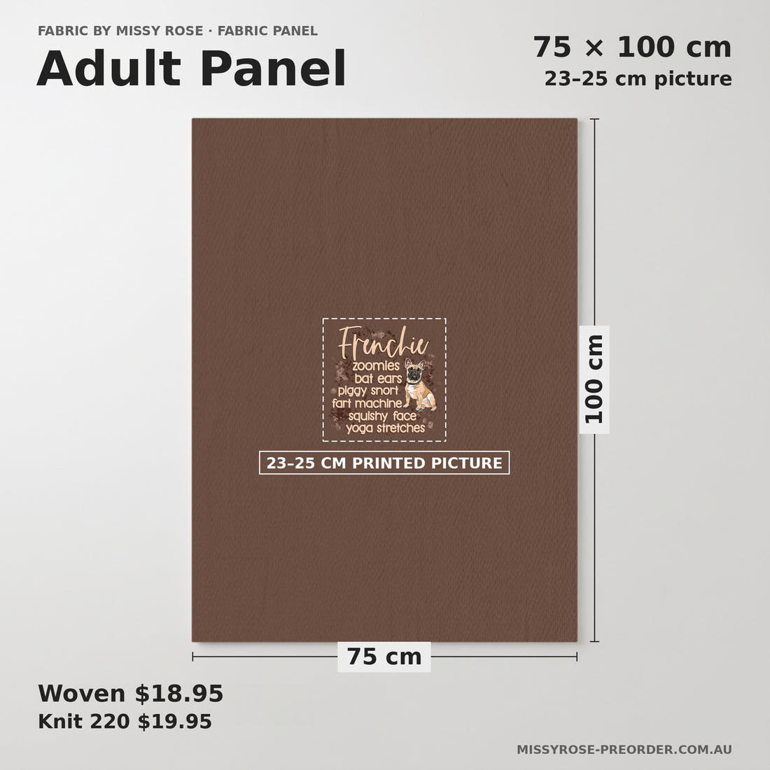 Design 296 Frenchie Panel adult panel sizing – 23–25 cm printed picture on 75 × 100 cm fabric | Fabric by Missy Rose