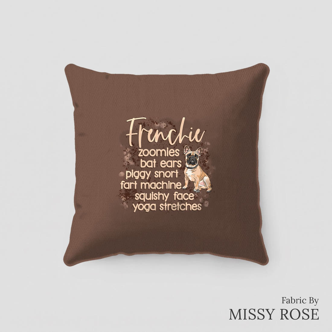 Design 296 Frenchie Panel sewn into a cushion – see how the panel looks made up | Fabric by Missy Rose