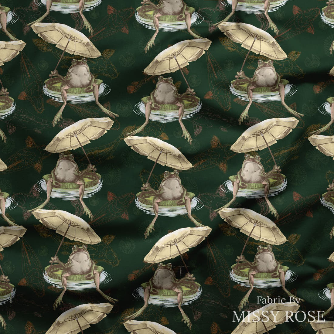 Design 297 Frog Fabric draped fabric mockup – custom printed fabric by the metre | Fabric by Missy Rose