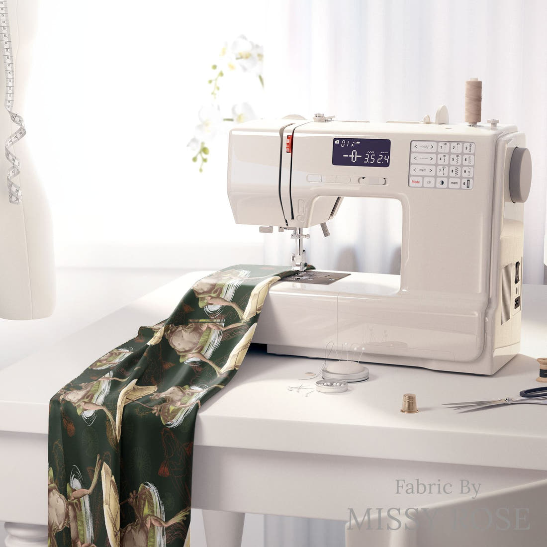 Design 297 Frog Fabric on a sewing machine – premium fabric for sewing projects | Fabric by Missy Rose
