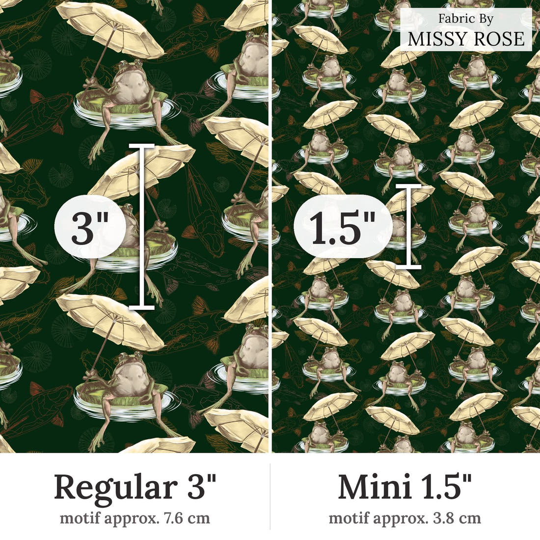 Design 297 Frog Fabric Regular 3 inch vs Mini 1.5 inch print scale side by side | Fabric by Missy Rose