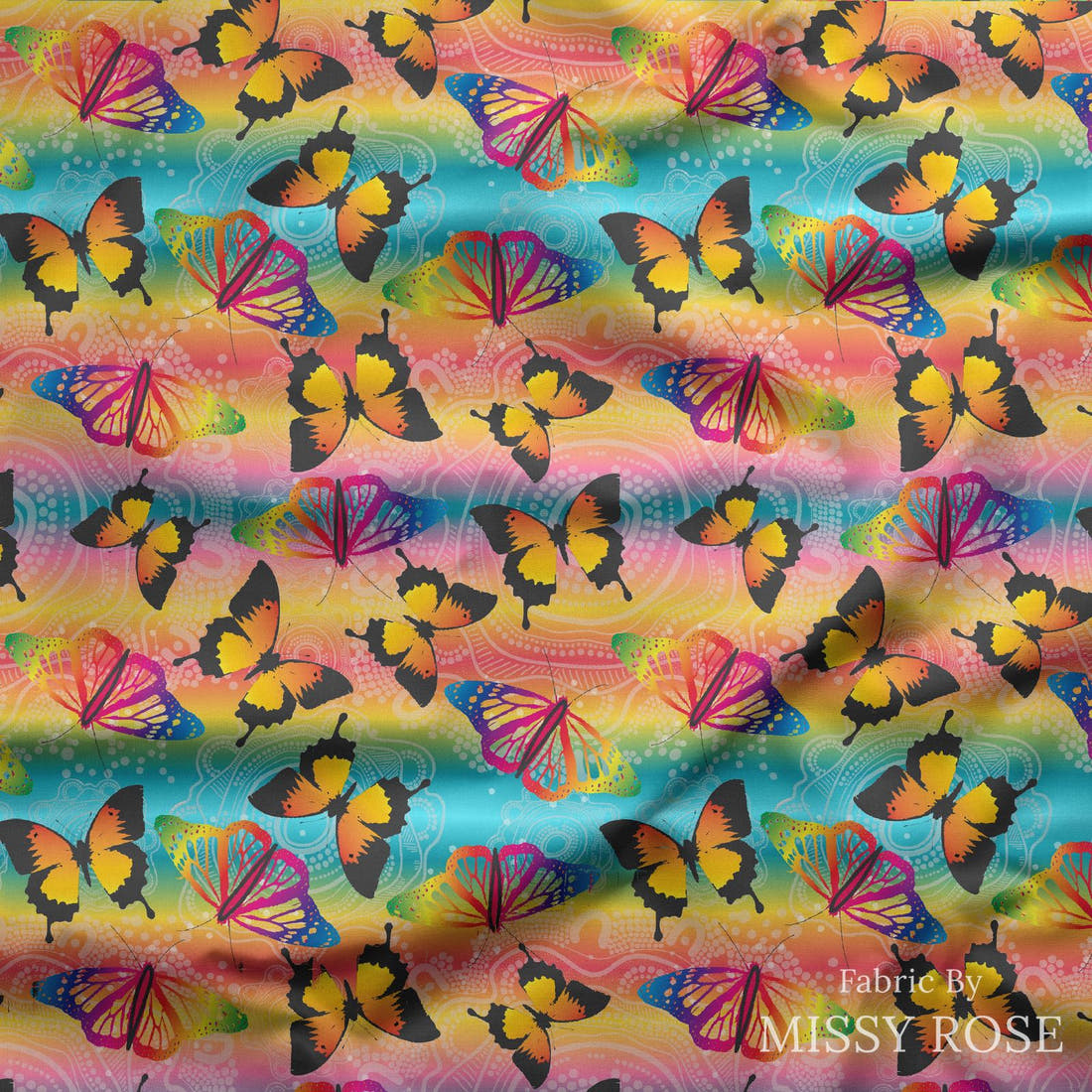Design 298 Butterfly Dreaming Fabric draped fabric mockup – custom printed fabric by the metre | Fabric by Missy Rose