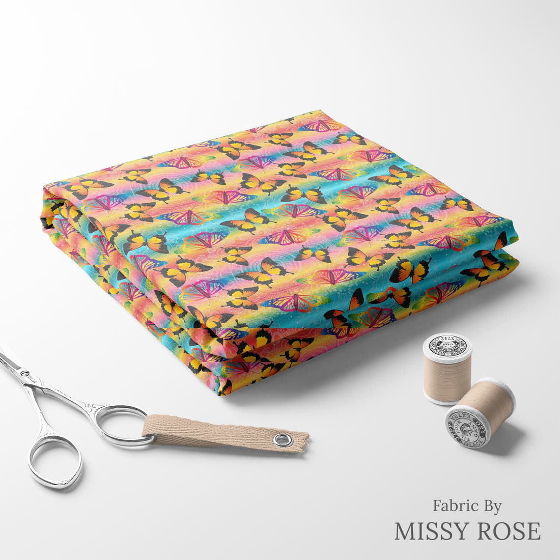 Design 298 Butterfly Dreaming Fabric folded fabric stack with matching thread – pre-order fabric Australia | Fabric by Missy Rose