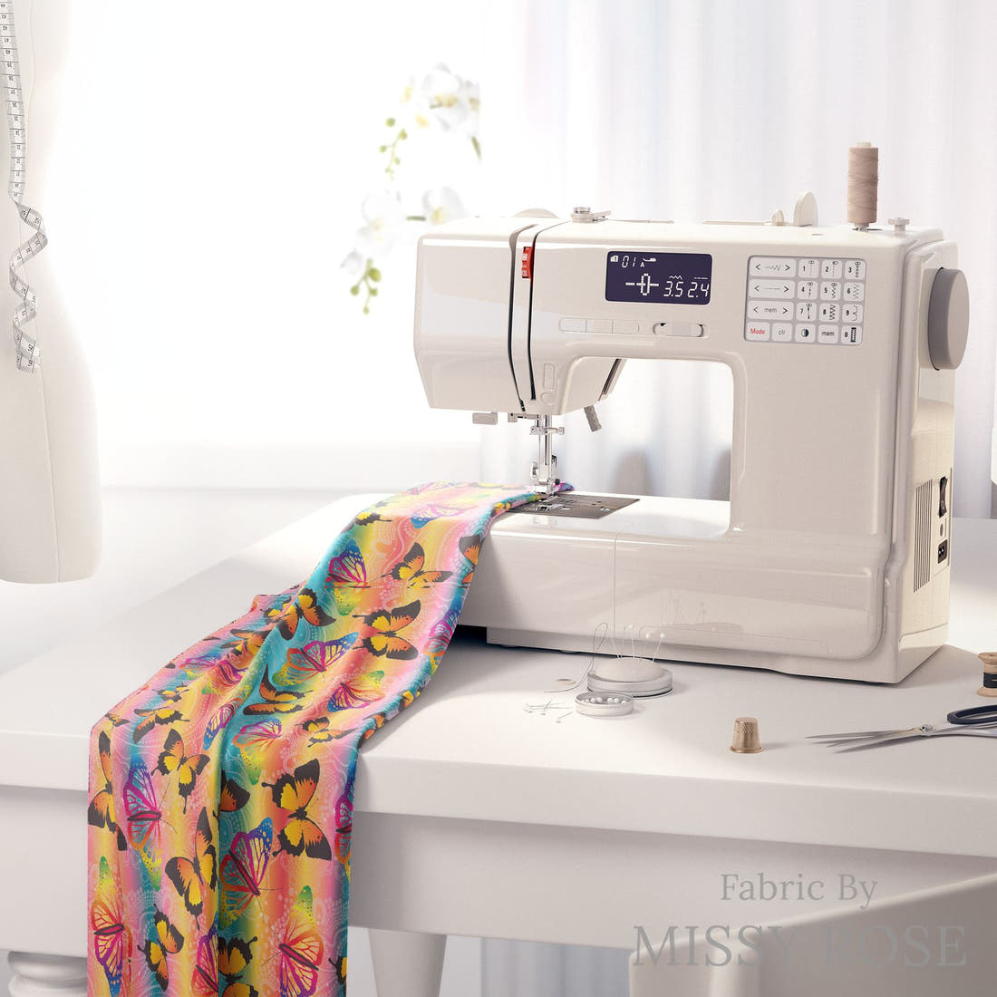 Design 298 Butterfly Dreaming Fabric on a sewing machine – premium fabric for sewing projects | Fabric by Missy Rose