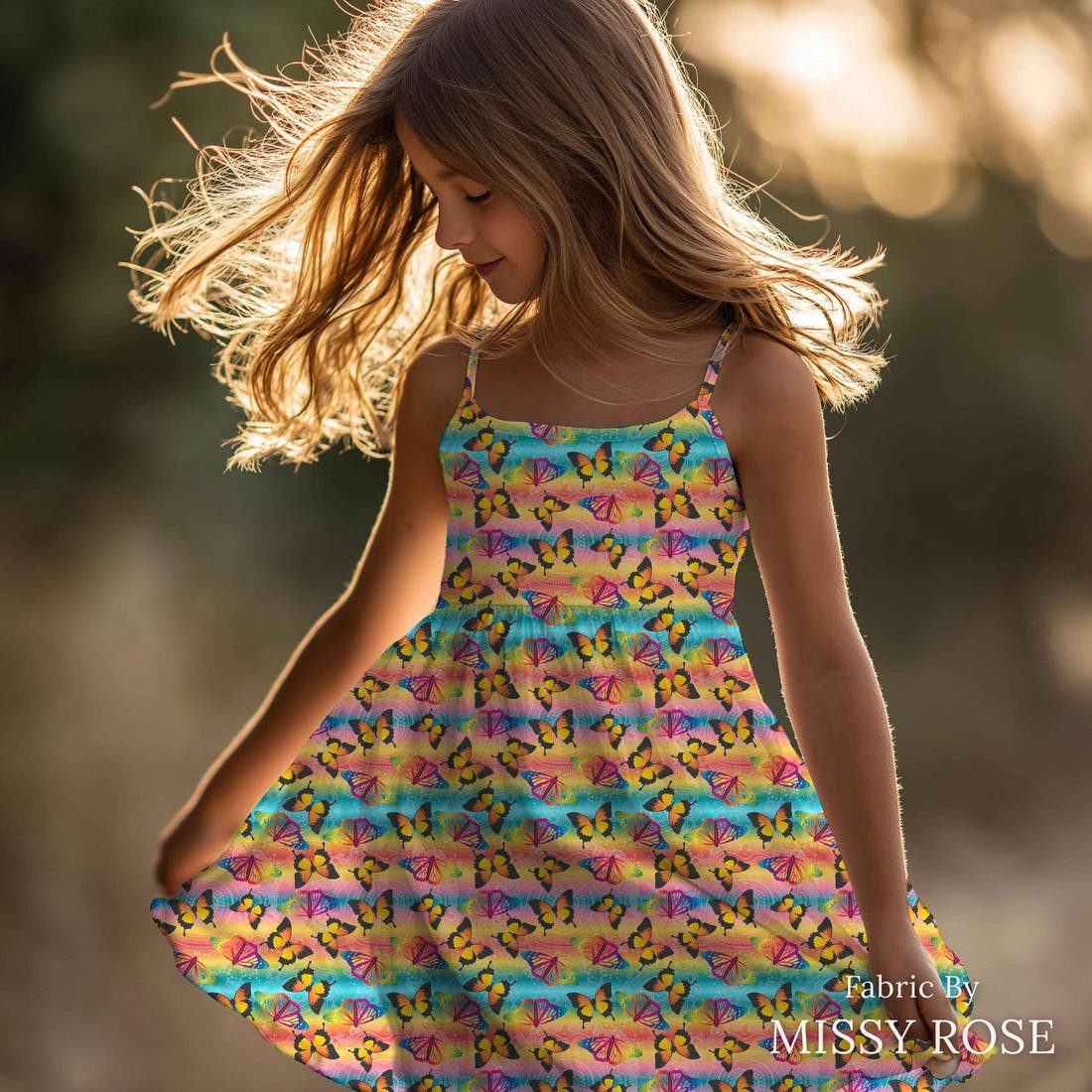 Design 298 Butterfly Dreaming Fabric sewn into a girls' dress – see how the print looks made up | Fabric by Missy Rose