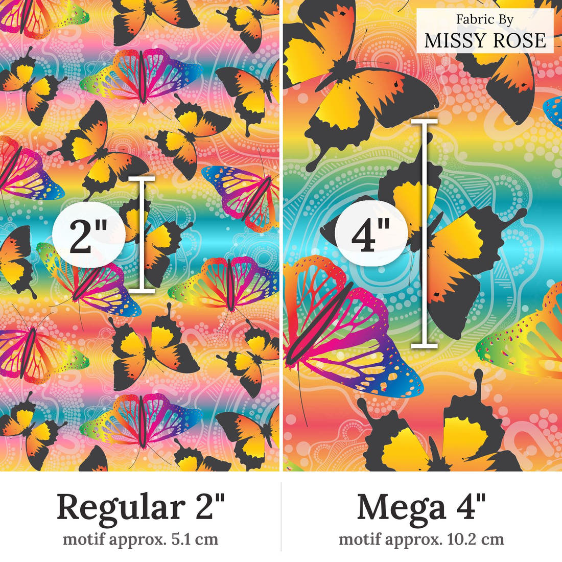 Design 298 Butterfly Dreaming Fabric Regular 2 inch vs Mega 4 inch print scale side by side | Fabric by Missy Rose