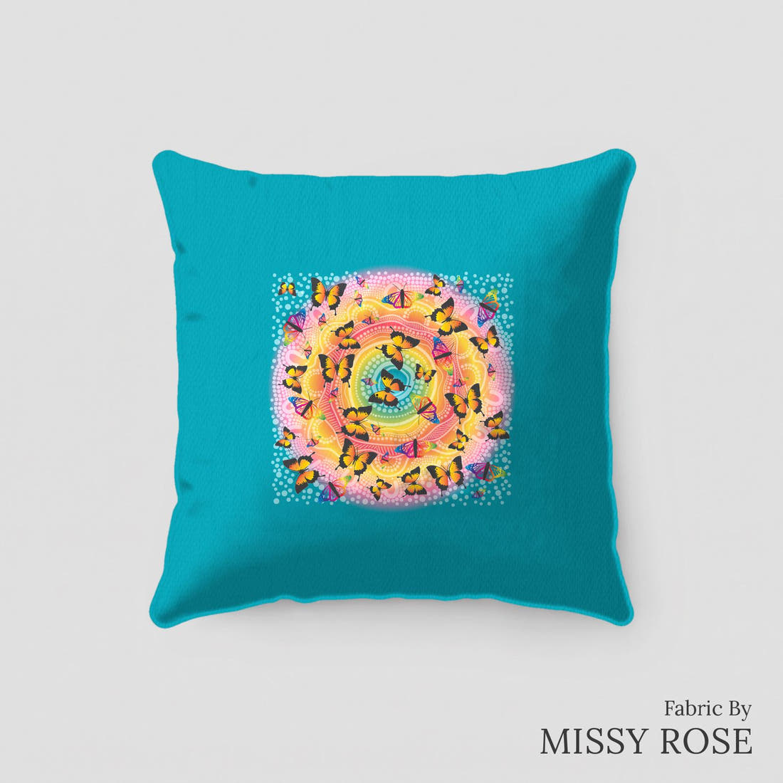 Design 298 Butterfly Dreaming Panel sewn into a cushion – see how the panel looks made up | Fabric by Missy Rose