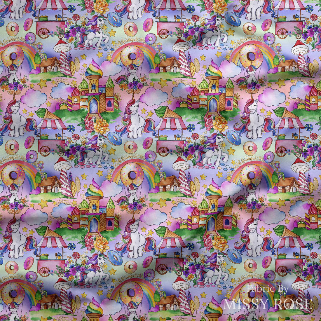 Design 299 Candyland Fabric draped fabric mockup – custom printed fabric by the metre | Fabric by Missy Rose